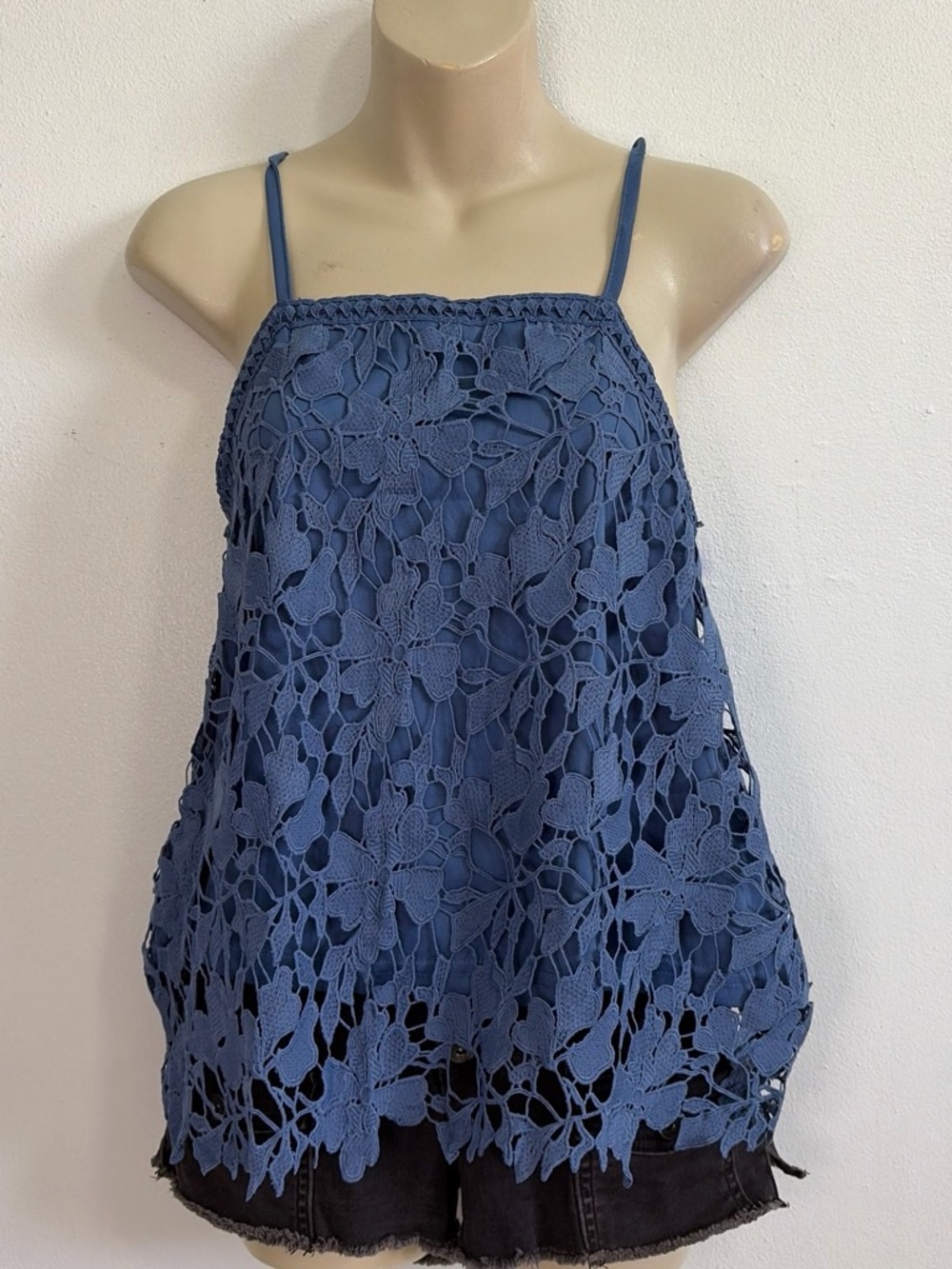 Dusty Blue Lace Crochet Tank Top Floral She + Sky Size L